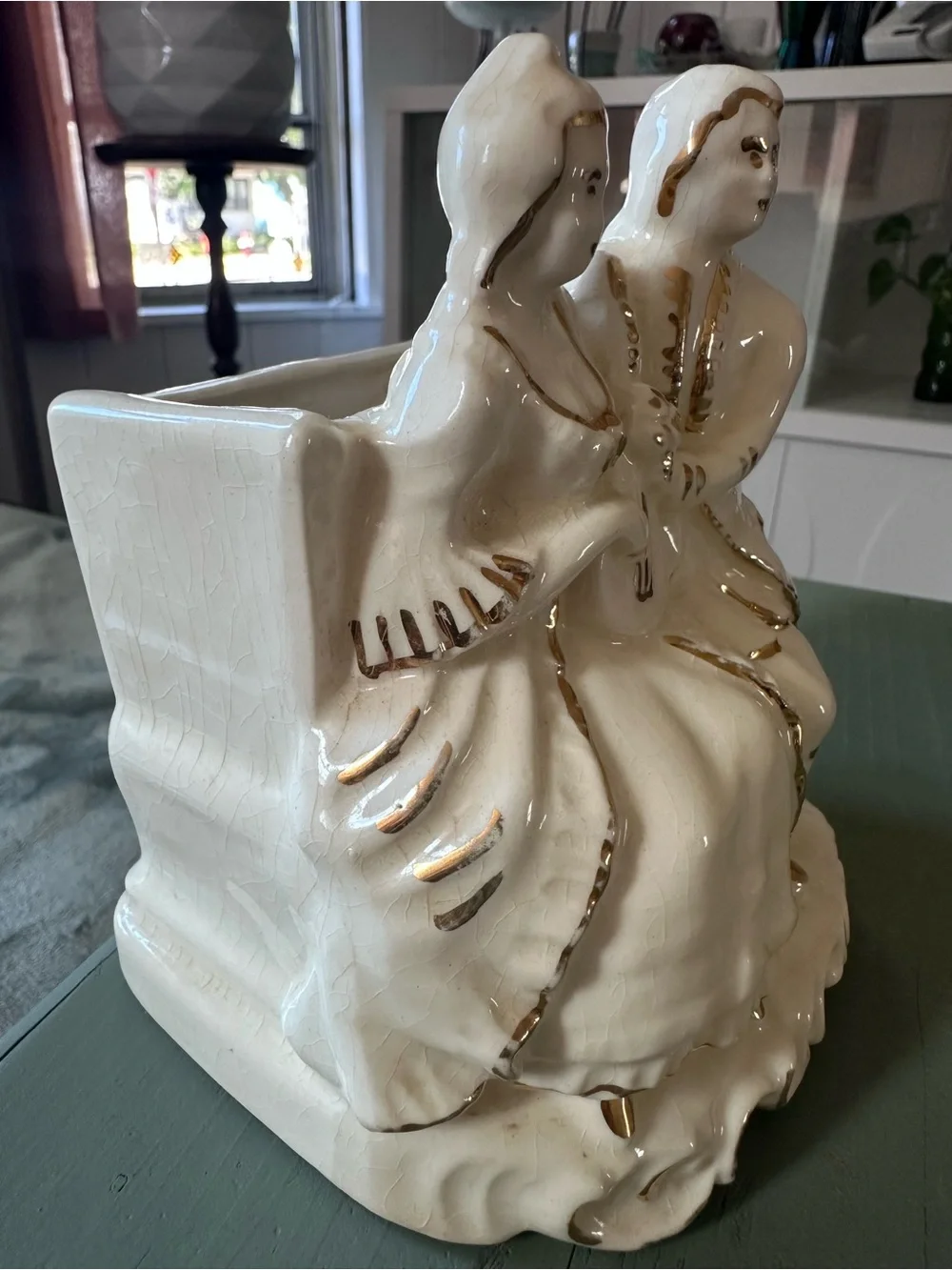 Vintage Ceramic Victorian-Couple Planter with Gold Accents